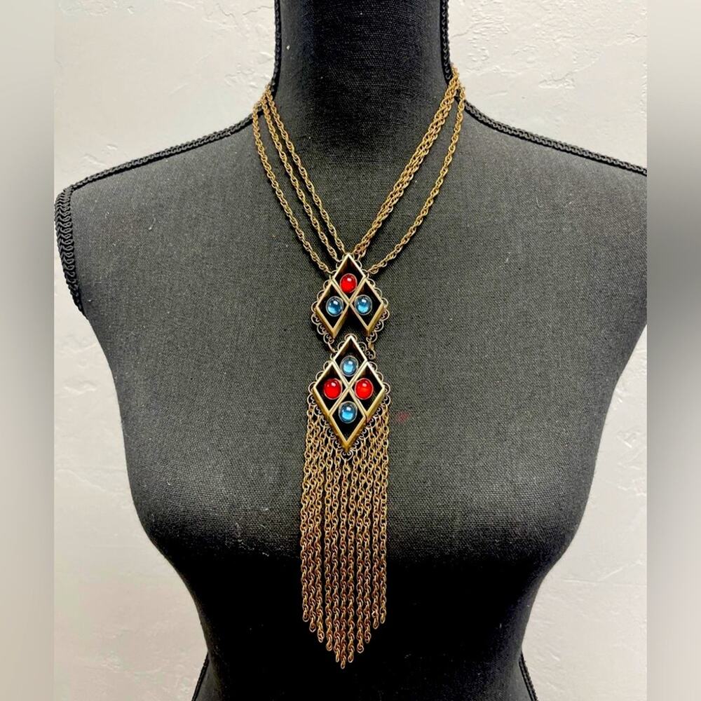 Vintage German Blue & Red Brass Tone Tassel Chain Statement Unique Rare Necklace